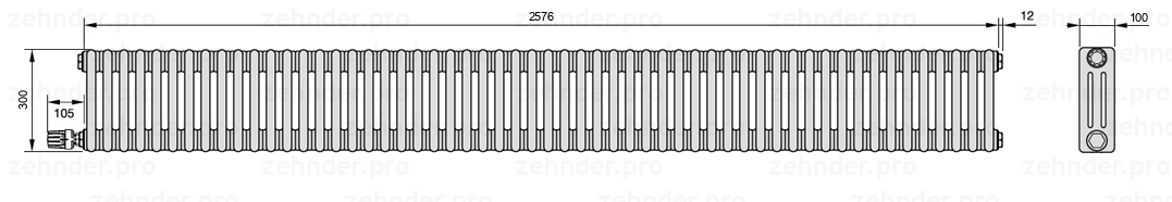 Схема (чертеж) Радиатор Zehnder Charleston 3030/56 №V003 Белый глянцевый RAL 9016